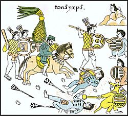 Archivo:Guerreros tlaxcaltecas junto a sus aliados españoles Lienzo de Tlaxcala. Siglo XVI