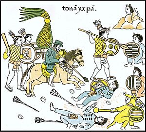 Archivo:Guerreros tlaxcaltecas junto a sus aliados españoles Lienzo de Tlaxcala. Siglo XVI