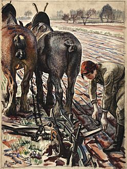 Archivo:INF3-108 Food Production Horse-drawn plough, land girl Artist Laura Knight