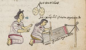 Archivo:Madre enseñándole a su hija a tejer con un telar de cintura, en el folio 60r