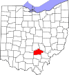 Mapa de Ohio con la ubicación del condado de Hocking