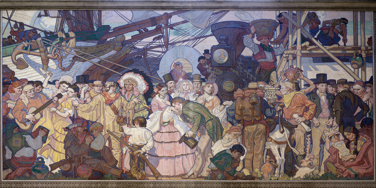 Archivo:"Americanization," one of four "great eras of California history" murals by Dean Cornwell at the Central Library in downtown Los Angeles, California LCCN2013631652