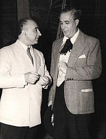 Placido Domingo (padre) with composer Federico Moreno Torroba (left) - Teatro de la Zarzuela, 1946.jpg