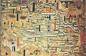 Archivo:Mogao Cave 61, painting of Mount Wutai monasteries