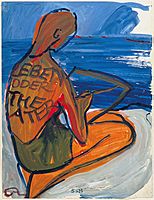 Una mujer de espaldas pintando el mar