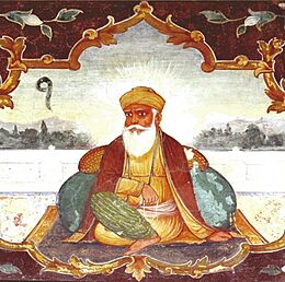 Archivo:Fresco of Guru Nanak from above the entrance of the Baoli Sahib located in Goindwal