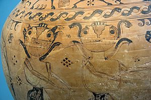 Archivo:Gorgons, Proto-Attic neck amphora, ca 650 BC, AM Eleusis, 081140