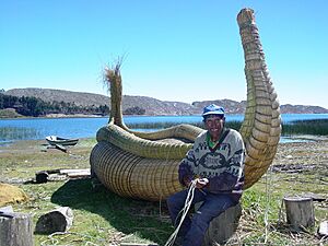 Archivo:Local Man with Traditional Reed Boat - Lake Titicaca Near Copacabana - Bolivia (3777013702)