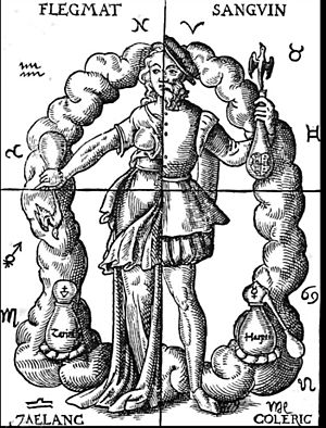 Archivo:Quinta Essentia (Thurneisse) illustration Alchemic approach to four humors in relation to the four elements and zodiacal signs