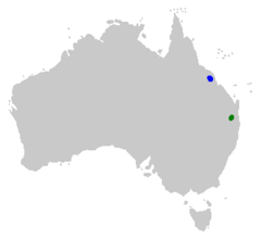 Distribución de Rheobatrachus silus (verde) y Rheobatrachus vitellinus (azul).
