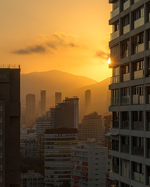 Sunset behind Benidorm skyscrapers