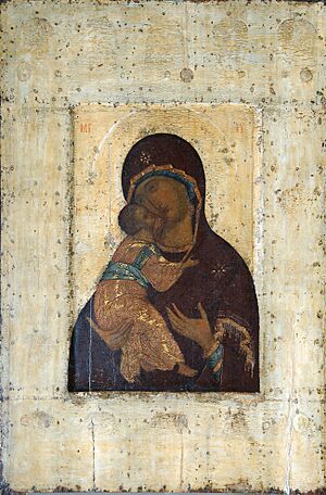 Archivo:Vladimirskaya by A.Rublev (1395-1410s, Vladimir museum)