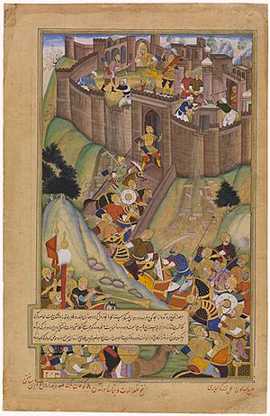 Archivo:Designed by BASAWAN; Colored by NAND GWALIOR. Hulagu Khan Destroy the Fort at Alamut. ca. 1596. Virginia MOA
