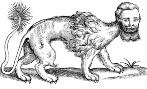 Ilustración de la mantícora tomada de La historia de las bestias de cuatro patas de Edward Topsell (1607).