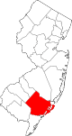 Mapa de Nueva Jersey con la ubicación del condado de Atlantic