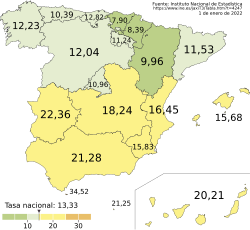 Archivo:Mapa con la tasa de paro en España por comunidades autónomas actualizado a datos de Enero de 2022