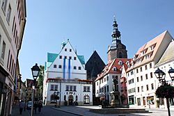 Lutherstadt Eisleben, town square with the town hall, Luther memorial and St. Andreas church.jpg