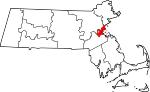 Mapa de Massachusetts con la ubicación del condado de Suffolk