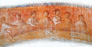 Archivo:Catacombe di Priscilla, Rome - Fresco of a Christian Agape feast - Fractio panis - Greek chapel - 2nd - 4th century