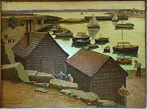 Archivo:Pigeon Cove, by Emma Fordyce Macrae, c. 1930, oil on burlap - Cape Ann Museum - Gloucester, MA - DSC01015
