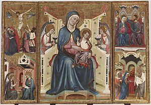 Archivo:Arnau Bassa - Triptych with Madonna and Child with the Crucifixion and the Annunciation - Walters 37468 - A T Front