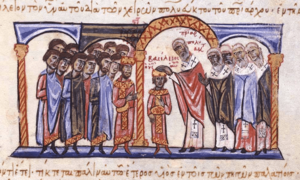 Archivo:Coronation of Basil II as co-emperor by Patriarch Polyeuctus