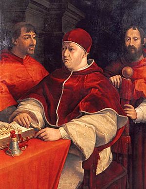 Giuliano Bugiardini - Pope Leo X with Cardinals Giulio de' Medici and Innocenzo Cybo.jpg