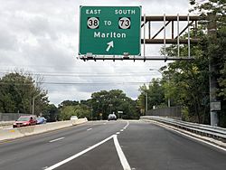 2020-09-17 14 45 31 View south along New Jersey State Route 41 (Kings Highway) at the exit for New Jersey State Route 38 EAST (TO New Jersey State Route 73 SOUTH, Marlton) in Maple Shade Township, Burlington County, New Jersey.jpg