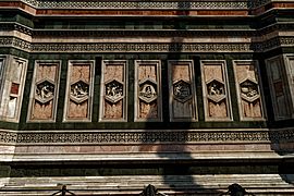 Firenze - Florence - Piazza del Duomo - View East on Il campanile di Giotto - Bas-reliefs (copies) 1341 by Andrea Pisano