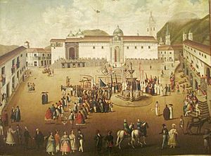 Archivo:Plaza principal de Quito, anónimo - siglo XVIII (Museo de la Moneda, Bogotá)