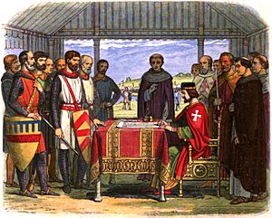Archivo:A Chronicle of England - Page 226 - John Signs the Great Charter