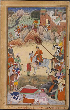 Archivo:Adham Khan pays Homage to Akbar at Sarangpur, Akbarnama