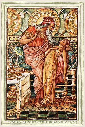 En la versión del mito de Midas de Nathaniel Hawthorne, la hija del rey se convierte en una estatua de oro cuando la toca. Ilustración de Walter Crane para la edición de 1893.