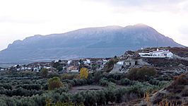 Vista de Huerta Real, con el cerro Jabalcón al fondo