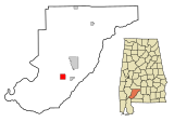 Monroe County Alabama Incorporated and Unincorporated areas Frisco City Highlighted.svg