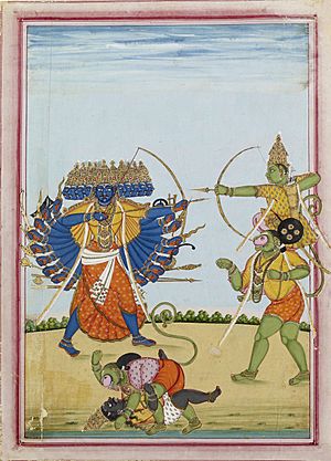Archivo:Rama and Hanuman fighting Ravana, an album painting on paper, c1820