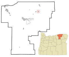 Umatilla County Oregon Incorporated and Unincorporated areas Weston Highlighted.svg