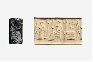 Archivo:Cylinder seal and modern impression- worshiper before a seated ruler or deity; seated female under a grape arbor MET DP370181