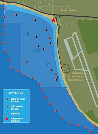 Mapa del parque nacional Submarino La Caleta, que indica los límites del parque y las áreas de buceo