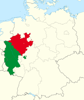 Región histórica de Renania, hacia 1830.En verde, la provincia de la Renania Prusiana, y en rojo la provincia de Westfalia.