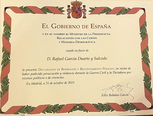 Archivo:Declaración de Reparación y Reconocimiento Personal expide en favor de Rafael Garcia-Duarte Salcedo