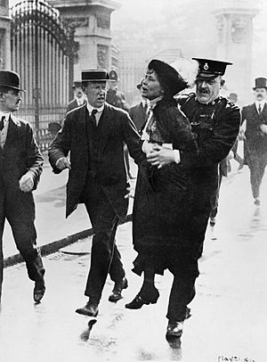 Archivo:Mrs Emmeline Pankhurst, Leader of the Women's Suffragette movement, is arrested outside Buckingham Palace while trying to present a petition to King George V in May 1914. Q81486