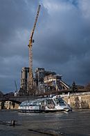 Notre-Dame de Paris Batobus et grue géante février 2020