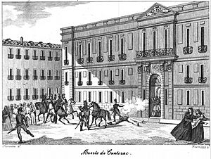 Archivo:Real Casa de Correros en 1835 - Muerte de José de Canterac. Grabado de El Panorama Español