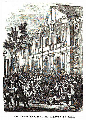 Archivo:La turba arrastra el cuerpo del general Basa por las calles de Barcelona. Grabado del