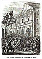 La turba arrastra el cuerpo del general Basa por las calles de Barcelona. Grabado del