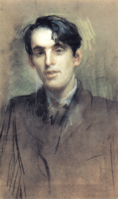 Retrato de medio cuerpo de un joven, que viste una chaqueta marrón, en la que el cuello apenas deja ver una camisa blanca; el pelo es corto, muy negro y cae sobre las orejas. Fondo neutro gris claro.