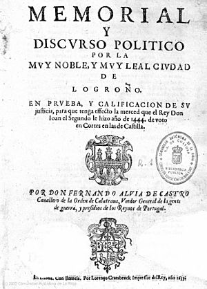 Archivo:Portada del Memorial por la Ciudad de Logroño de Fernando Albia de Castro (año 1633)