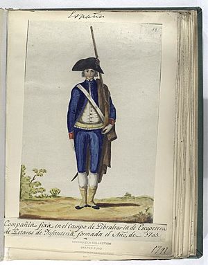 Archivo:Vinkhuijzen - Compañia fixa en el campo de Gibraltar la de Escopeteros de Getares de Infanteria, formada el Año, de 1705