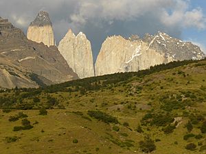 Archivo:Cordillera Paine; Parque nacional Torres del Paine; Torre Central, Torre Norte y Peineta, sur de Chile